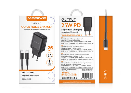 Adapter mit Kabel 25W PD 3. Netzladegerät mit Kabel USB-C auf USB-C XSSIVE